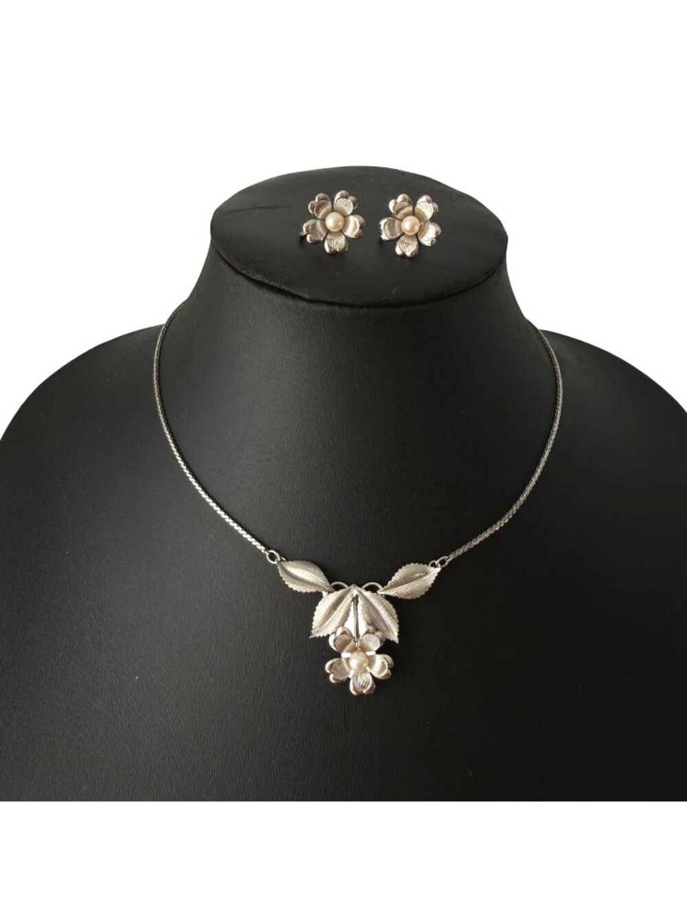 Vintage 60s Van Dell Necklace Earrings Set Pearl Flower Sterling Silver Signed